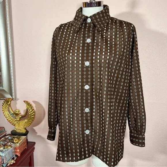 Vintage 1960 70 Dalton MCM Brown lace Tie Waist Belted Button Down shirt Jacket - Picture 10 of 17